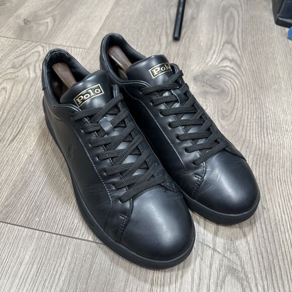 Polo Ralph Lauren Heritage Court II Low Shoes Black Gold Leather Mens Size 10 - Picture 2 of 8